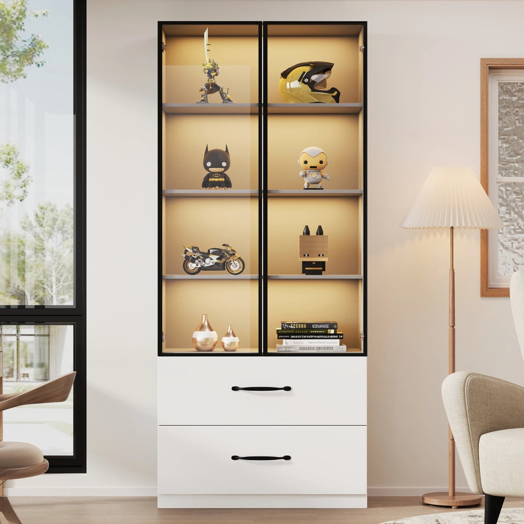 Vetrina con 2 Ante in Vetro Temperato e 2 Cassetti; LED Multicolore; Telaio in Alluminio; in Pannelli di Particelle; Bianco; 60??40??160 cm