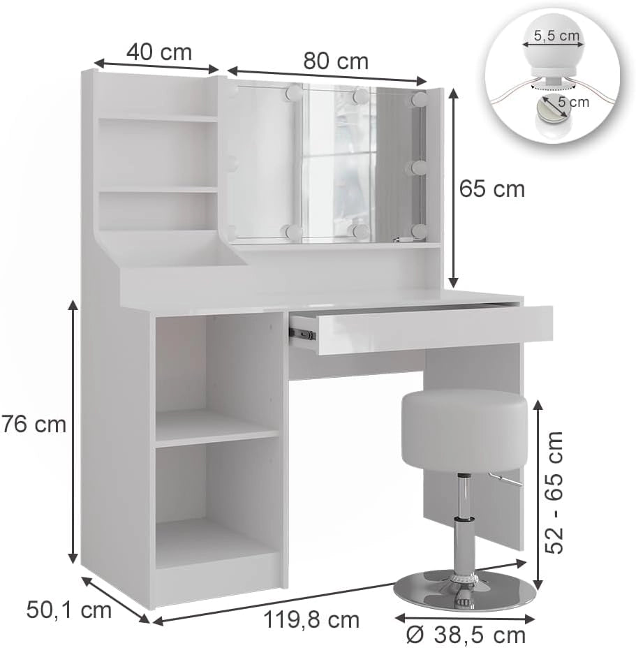 Tavolo da toeletta Sherry, Bianco/bianco lucido, 119.8 cm 7 parti