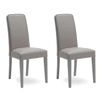 E-STYLO Sedia in similpelle grigio chiaro con bordino grigio scuro e gambe in legno di faggio laccato, imbottita, 59cm X 46cm H. 99cm.