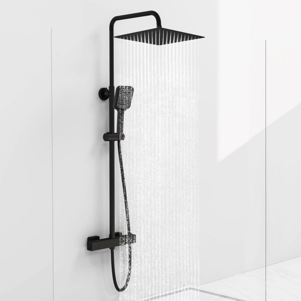 AICAIT Colonna doccia quadrata con soffione quadrato 30x30cm in acciaio inox nero, sistema doccia a 38℃ antiscottature