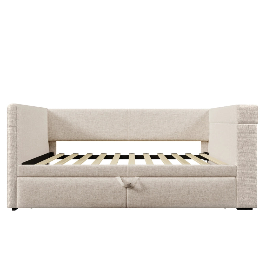 Divano letto ULEVR 90x200 cm con letto estraibile, USB, Type-C e portabevande, beige