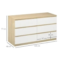 Cassettiera 6 Cassetti Moderna in Legno, 135x48x77cm, Bianco e Colore Legno