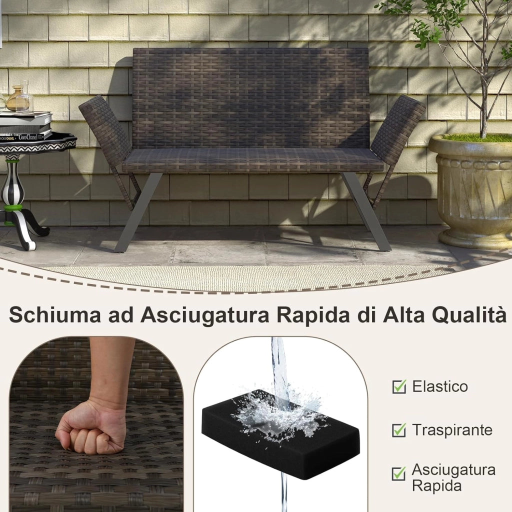 Divano Letto 2 Posti da Esterno in Rattan, Poltrona con Imbottitura in Schiuma e Braccioli Regolabili, Divano con Struttura Metallica per Cortile, Piscina, Portata 300 kg