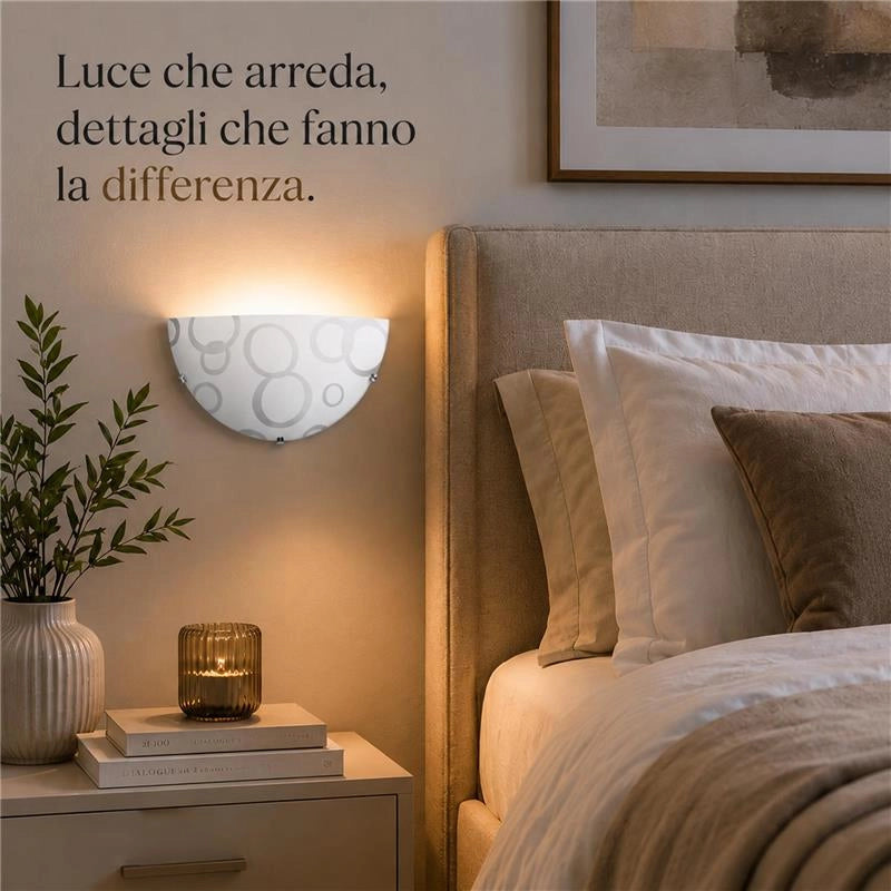 APPLIQUE DARIA 1XE27 GANCI CROMO VETRO LASTRA BIANCO DECORATO CERCHI Ø30-H.15-P.10 CM