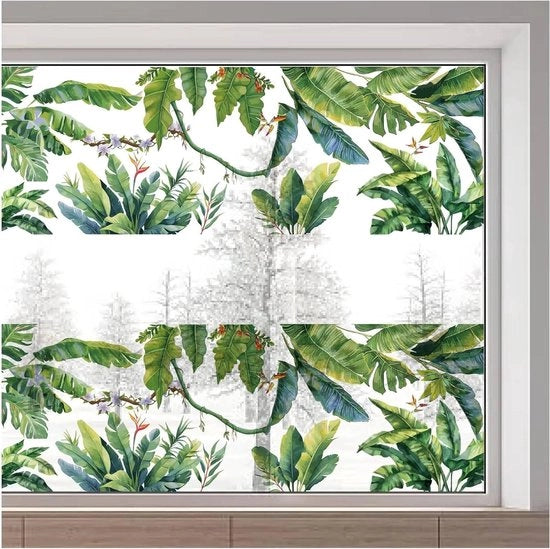 Sticker per finestra tropicale con palme con foglie 116x38cm | Adesivi statici per finestre | Decorazione di fiori fogliati riciclabile | Decorazioni per finestre botaniche | Non aderisce per porte scorrevoli in vetro | Decorazione estiva per casa.