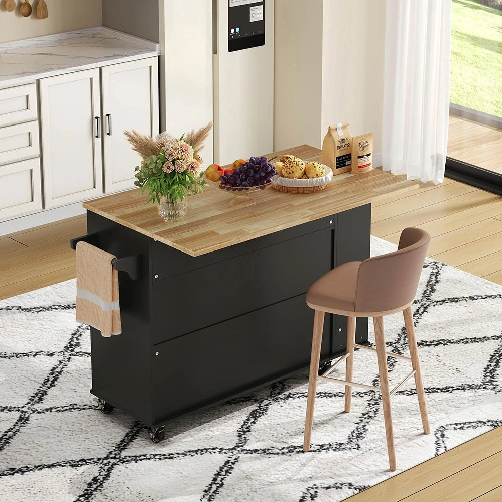 Isola da cucina con piano ribaltabile - Xylo - 5 ruote bloccabili, scaffale porta, porta bottiglie e bicchieri, nero, 120x45(70)x89 cm