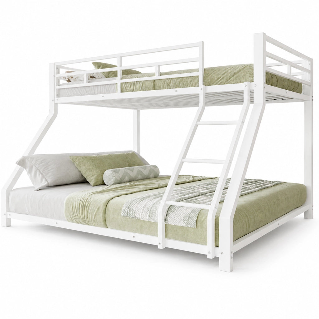 Letto a castello per bambini 90x200 + 140x200 cm; in metallo con barriere di sicurezza e gradino; conforme EN 747; bianco