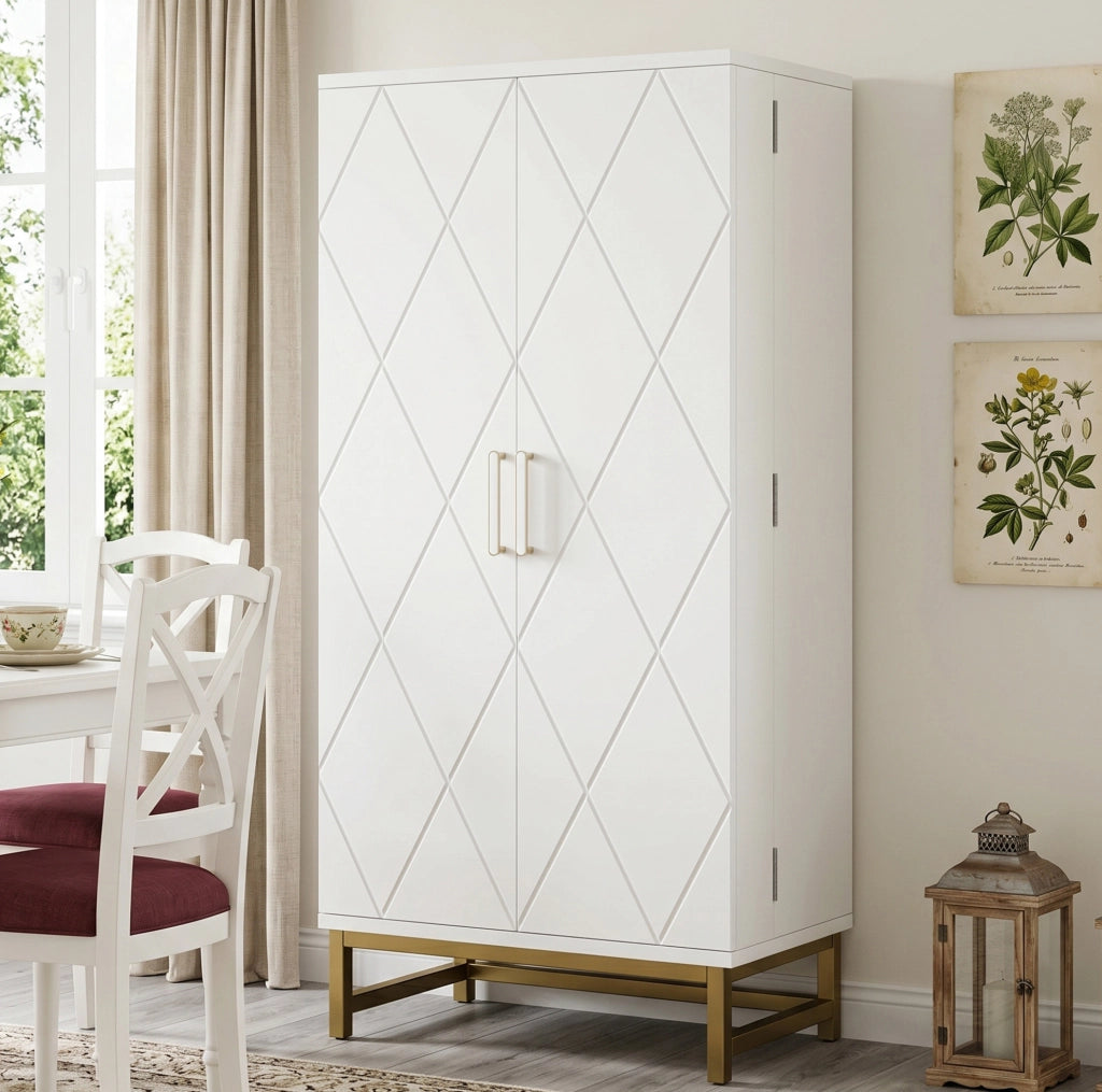 Mobile contenitore bianco con maniglie dorate, 60 x 40 x 130 cm