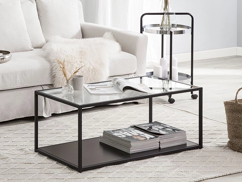 Tavolino Piano in Vetro Struttura in Metallo Nero 100 x 54 cm Rettangolare Moderno Soggiorno Minimalista
