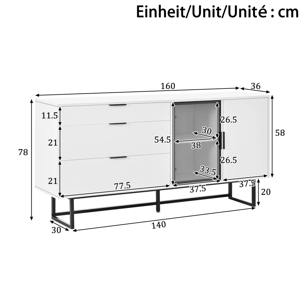 Sideboard moderno bianco con LED, vetrina e 3 cassetti