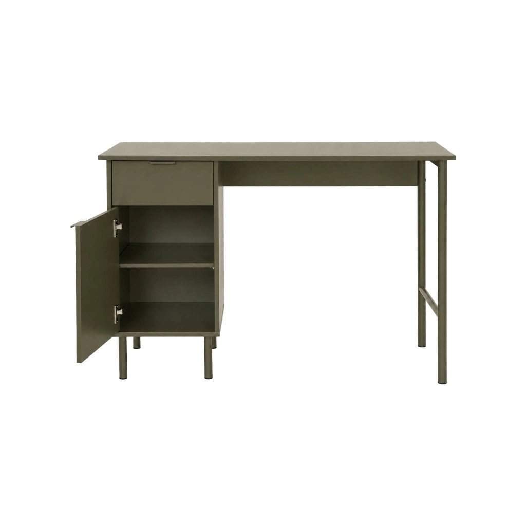 Scrivania decorata in legno e metallo 1 cassetto 1 anta, verde kaki