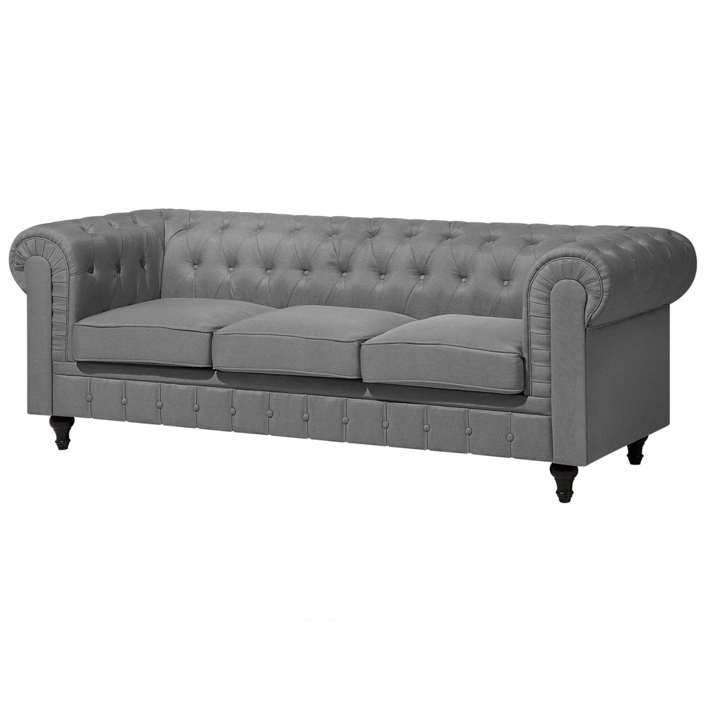 Set soggiorno Chesterfield in tessuto grigio chiaro gambe in legno scuro divano a 3 posti + poltrona contemporanea