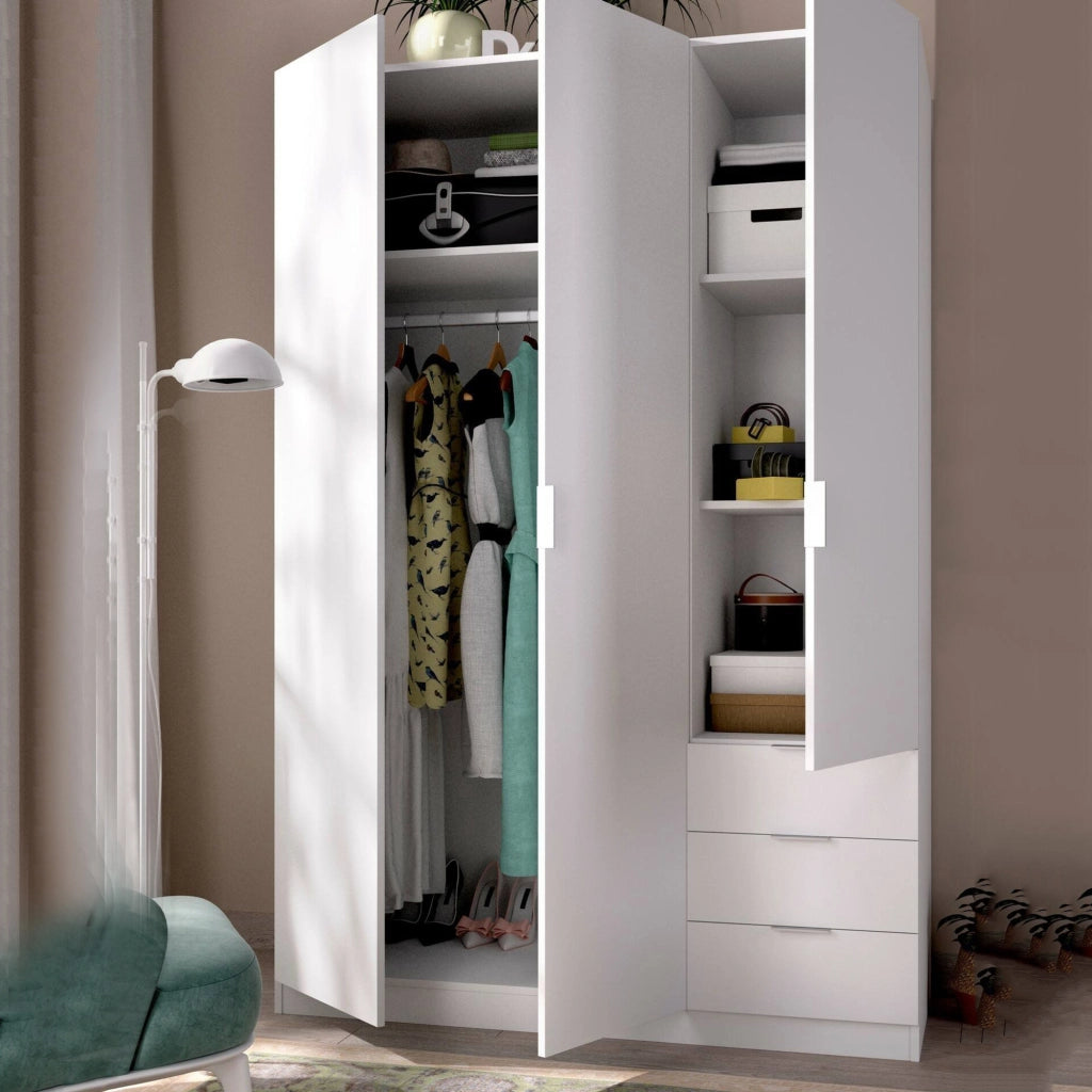 Guardaroba Astru, Mobile appendiabiti per camera da letto, Armadio a 3 ante battenti e 3 cassetti, 121x52h184 cm, Bianco