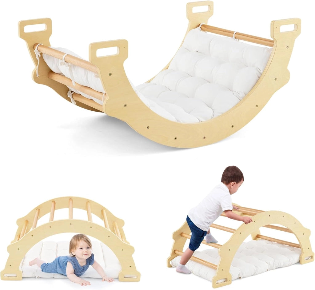 Arco da Arrampicata per Bambini, 2 in 1 Altalena ad Arco in Legno con Cuscino Morbido, Doppia Faccia, Ideale per Bambini 1+ Anni (Naturale)