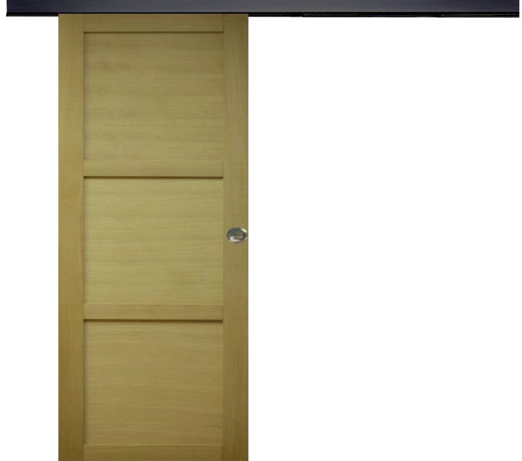 Porta scorrevole a 3 pannelli impiallacciata Ayous H204 x L73 + guida a fascia nera + 2 gusci installati