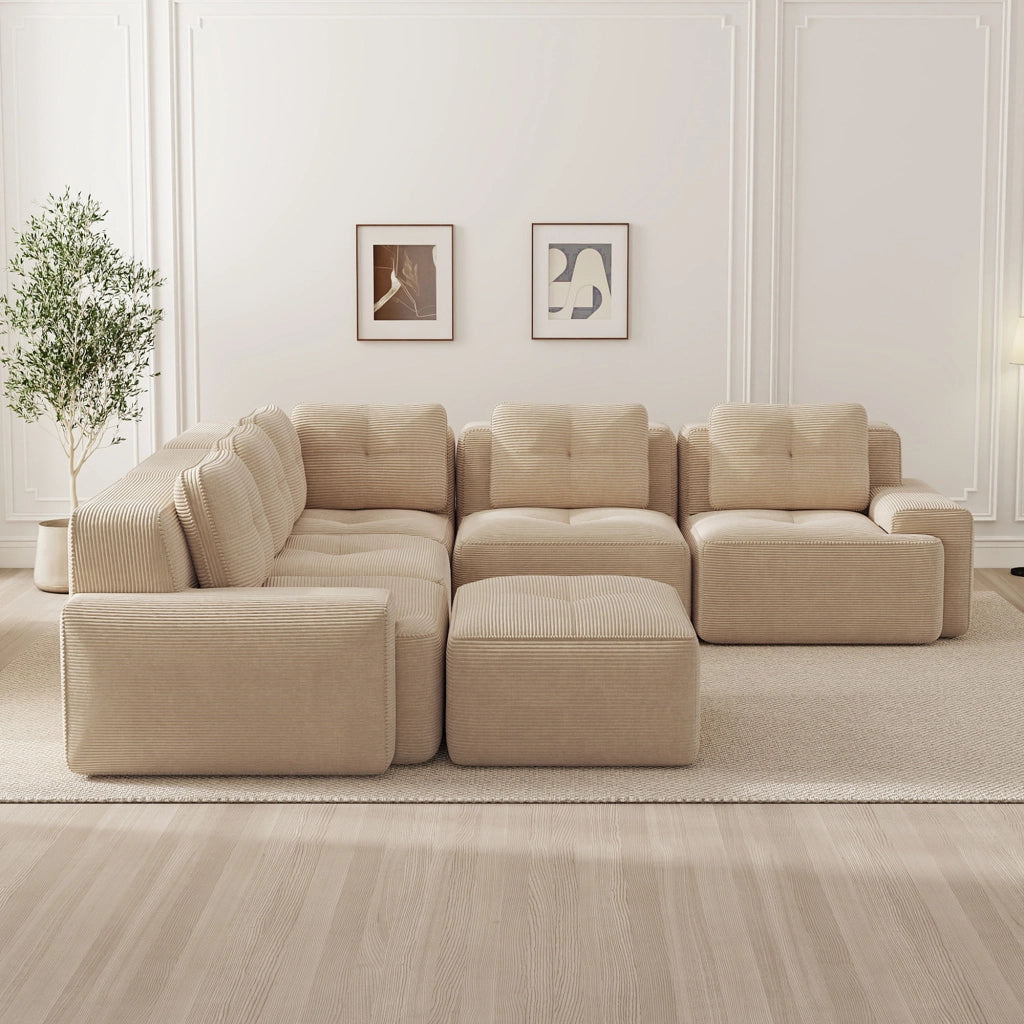 Divano angolare modulare con seduta profonda e schienale adattabile in tessuto cord beige