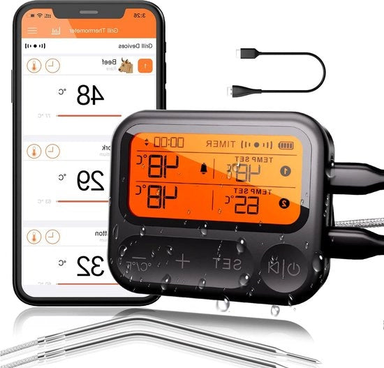 Termometro per carne con tecnologia Bluetooth, caricabile, 2 sonde IPX5 impermeabile - misura temperatura con alta precisione