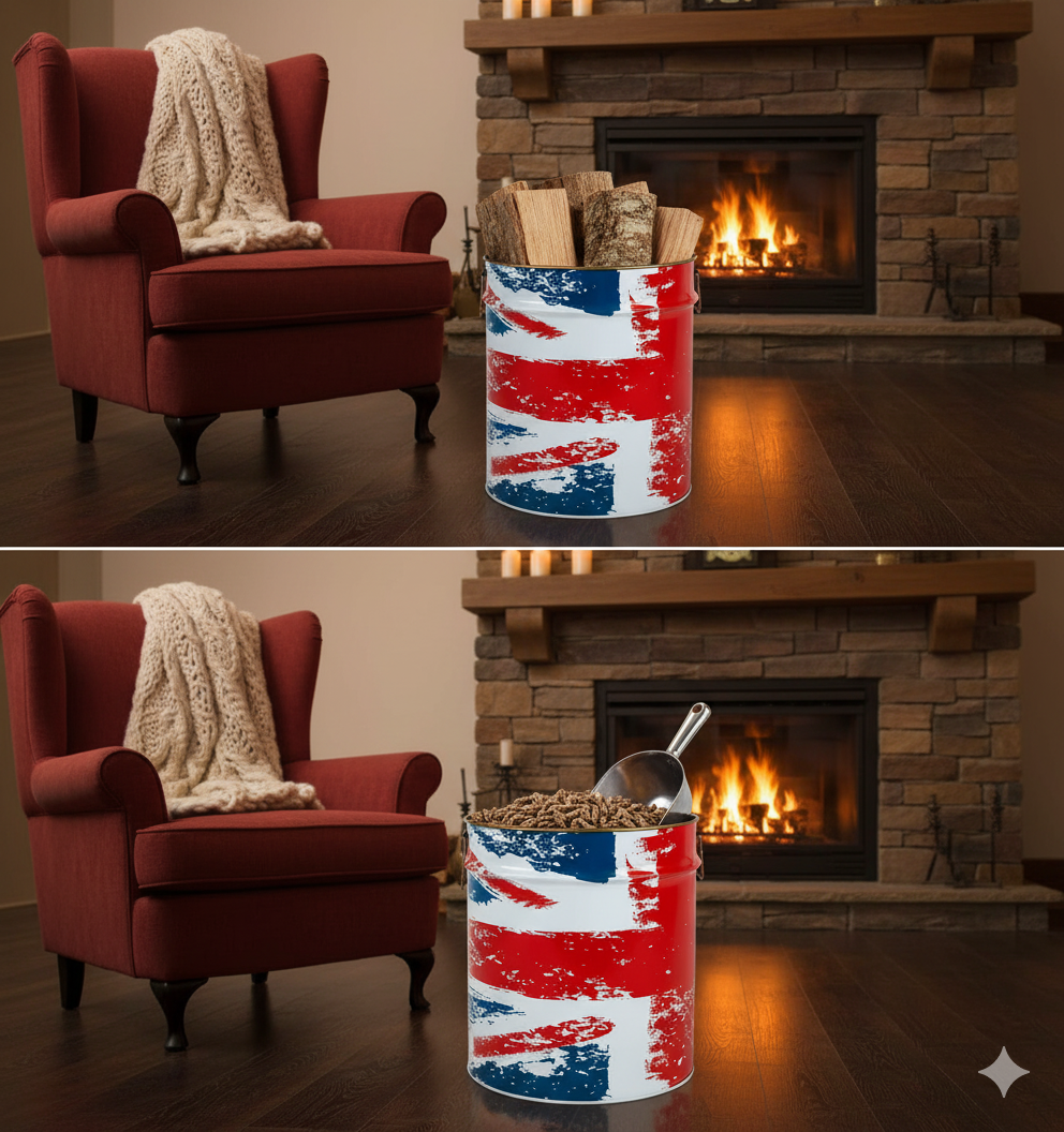 Porta Legna o Pellet Contenitore Senza Coperchio Ø39x42 cm in Ferro Verniciato Big English Blu e Rosso