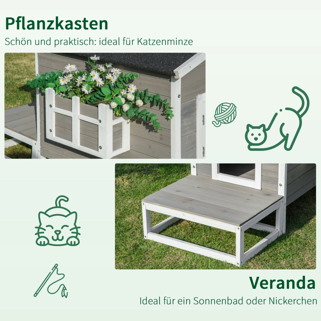 Cuccia/casetta per gatti con terrazza e balcone per cani e gatti, in legno di abete grigio e bianco, 115 x 66,5 x 74,7 cm
