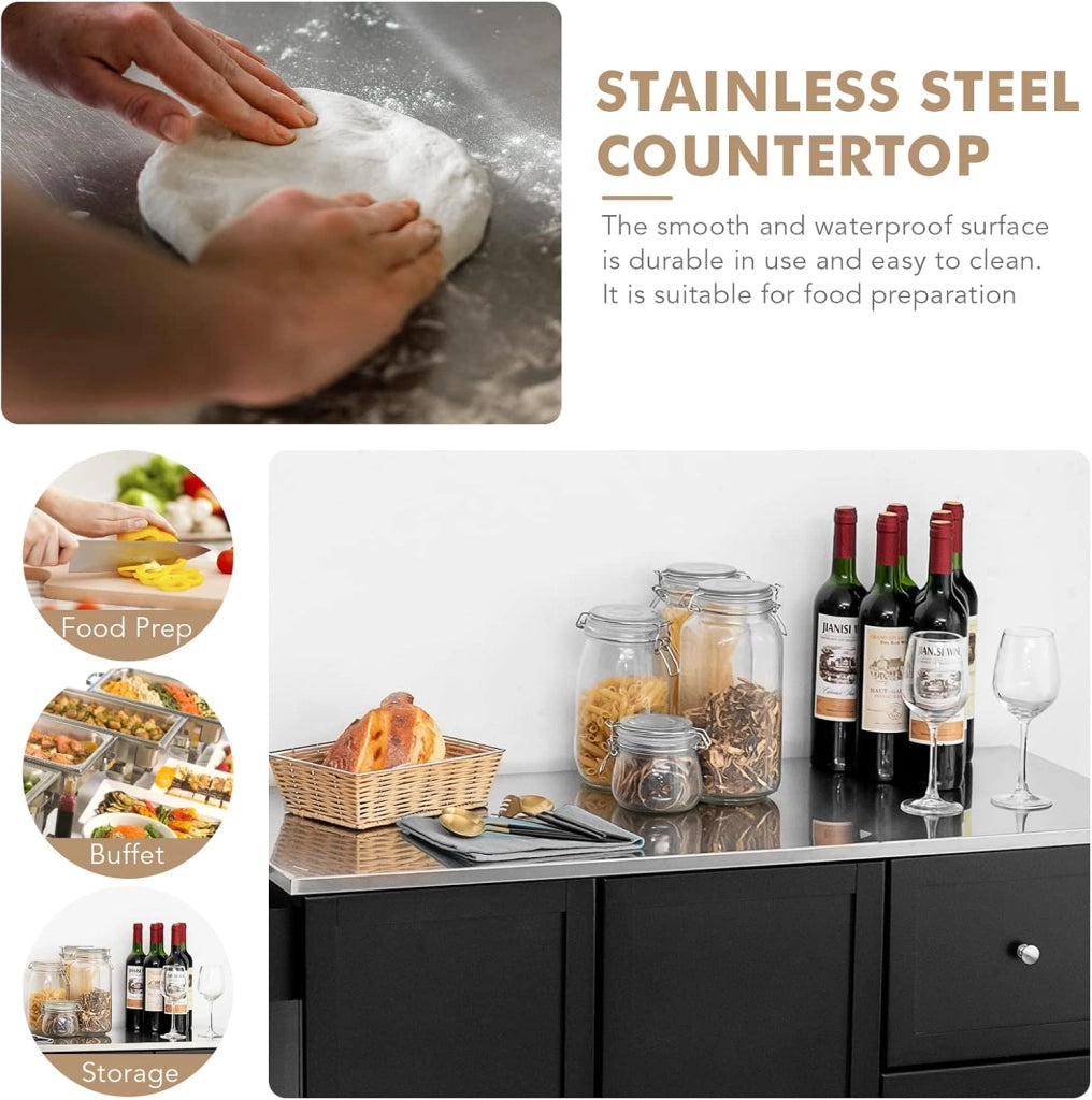 Carrello da cucina con piastra in acciaio inox, armadio da cucina con ruote, isola da cucina mobile con 3 cassetti e ripiani regolabili, carrello da portata in legno, carrello da cucina, 135 x