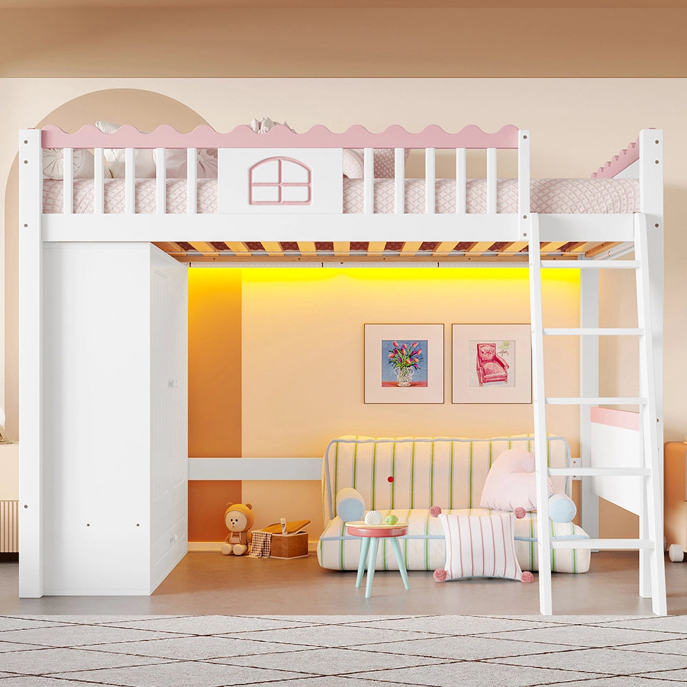 Letto a Castello Bambini – Xylo – 90x200cm, Pino, Luci LED, Armadio, Cassetto, Cert. EN747, Bianco, Senza Materasso