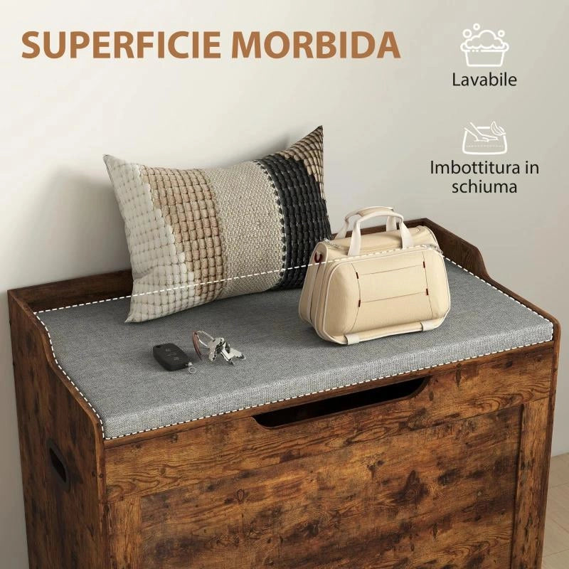 PANCA CONTENITORE DA 103L MULTIFUNZIONE COLOR LEGNO CON CUSCINO IN TESSUTO GRIGIO, 75X40X56 CM