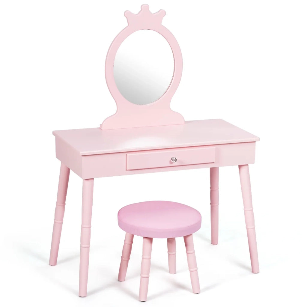 Toeletta per bambini con cassetto 70 x 34 x 101 cm seduta comoda specchio autentico in stile principessa in MDF rosa 20_0011525