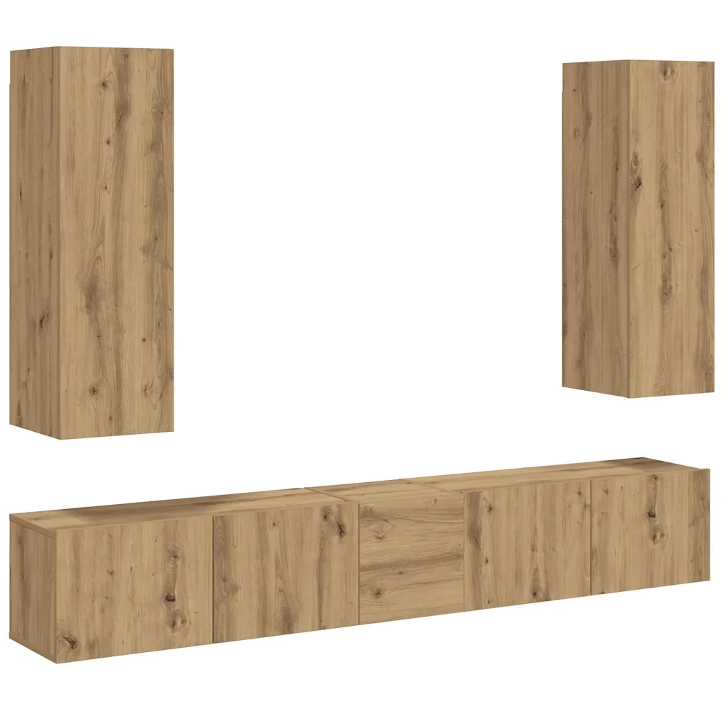 Mobili TV a Parete 5 pz Rovere Artigianale in Legno Multistrato