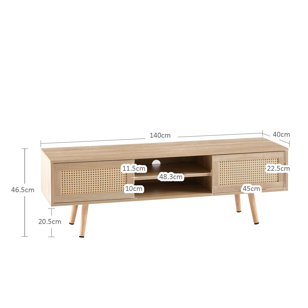 Mobile porta TV in rattan con 2 ante scorrevoli e 3 ripiani, per soggiorno, in MDF, naturale, 140 × 40 × 45 cm