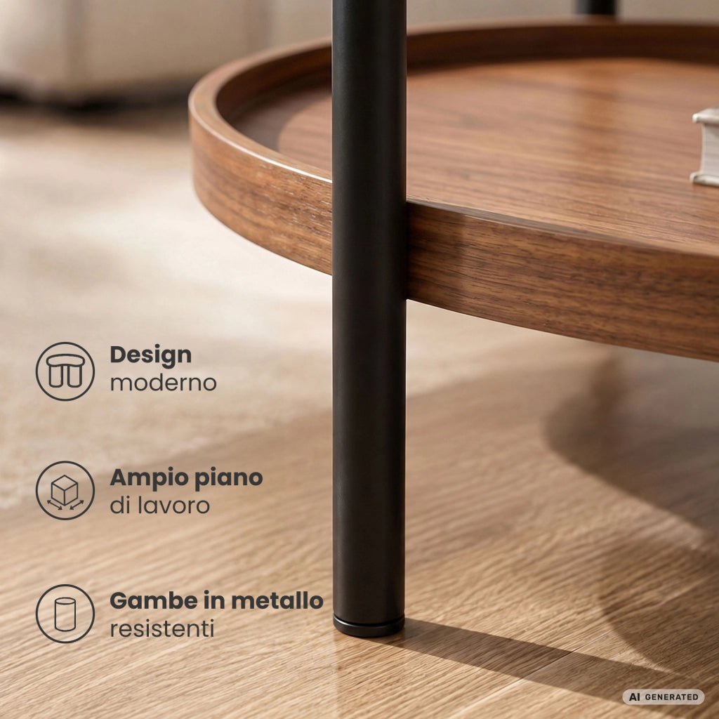 Tavolino da salotto stile loft CORTADO 90 cm ovale con ripiano noce gambe nere