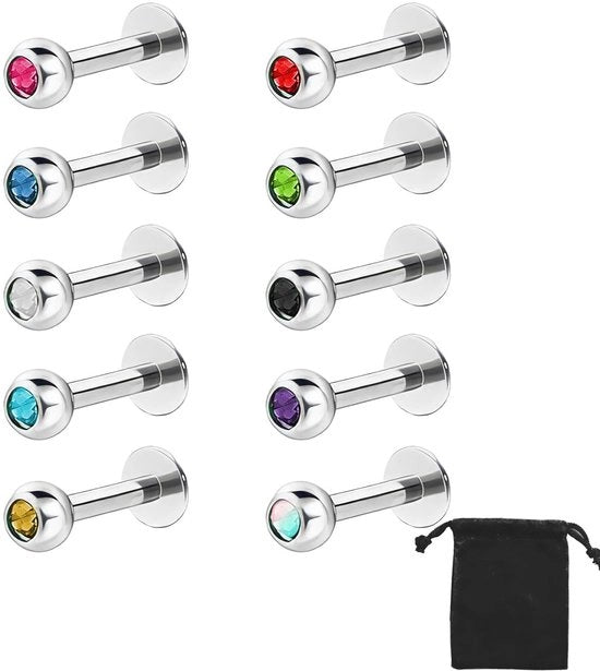 Piercing in acciaio inossidabile a 16 gauge, 10 pezzi, ipoallergenico, multicolore, diametro cristallo 1,5 mm