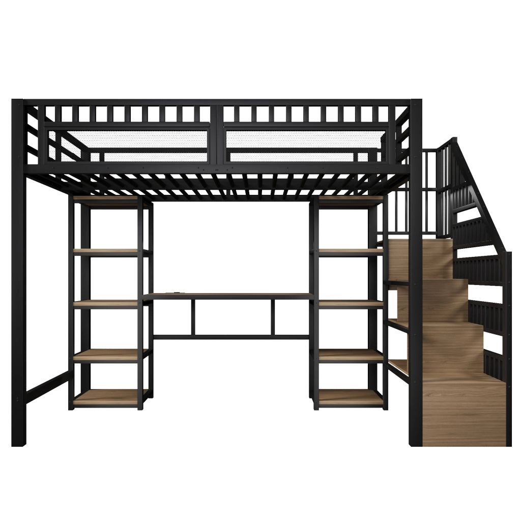 Letto a soppalco matrimoniale 140×200 cm con scrivania; LED; USB; scala contenitore; senza materasso; nero
