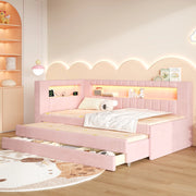 LETTO Imbottito 90x200 cm Rosa con LED, USB, Letto Estraibile e 3 Cassetti