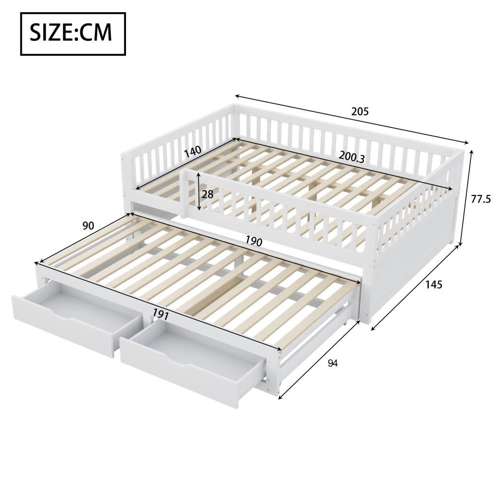 LETTO Multifunzionale 140x200 cm Bianco con letto estraibile e 2 cassetti