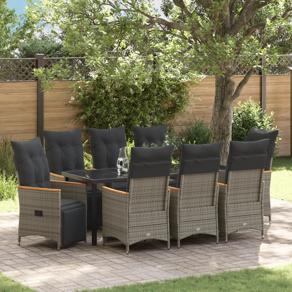 Set da Pranzo per Giardino da 9 Pezzi con Cuscini Grigio Polyrattan