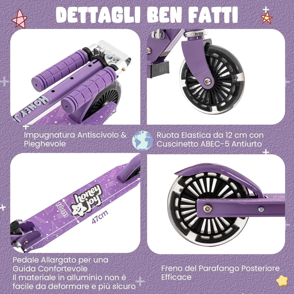 Monopattino Bambini, Monopattino Bambino e Bambina +3 Anni Pieghevole con 2 Ruote Lampeggianti, Manubrio Regolabile e Freno (Viola)
