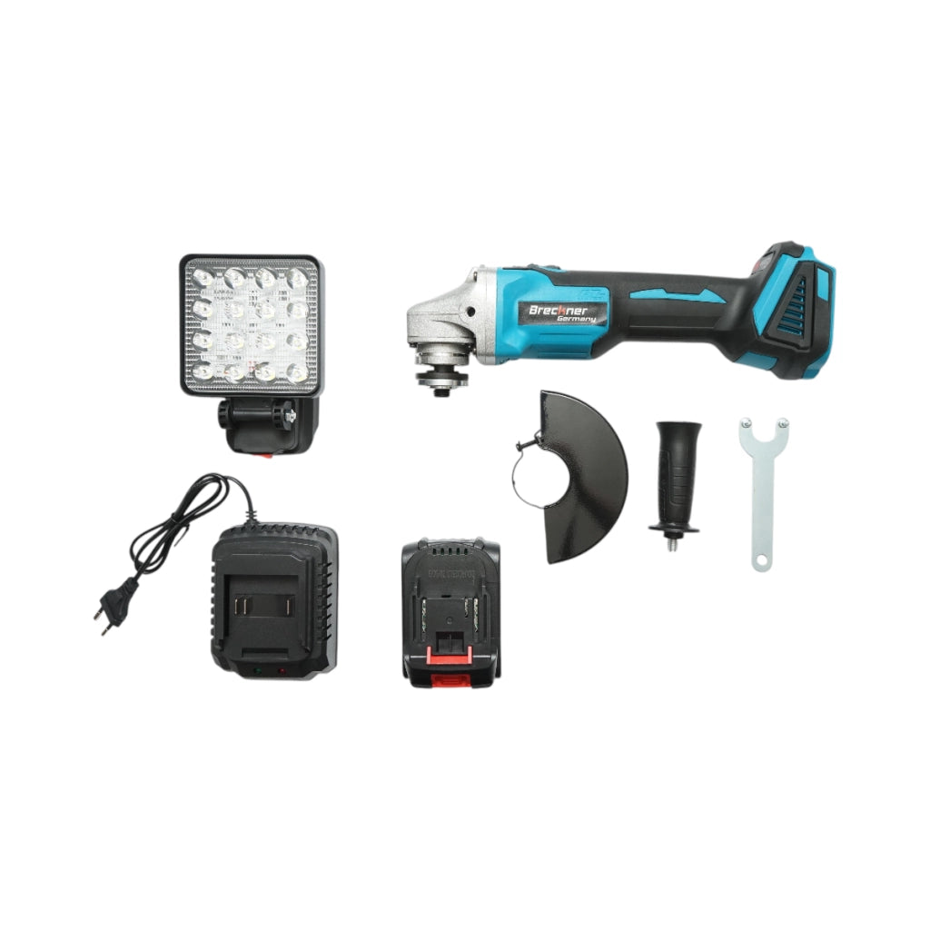 Smerigliatrice angolare con batteria agli ioni di litio da 18 V, 4 Ah, disco da 125 mm, motore brushless e faretto a LED inclusi. Breckner Germany