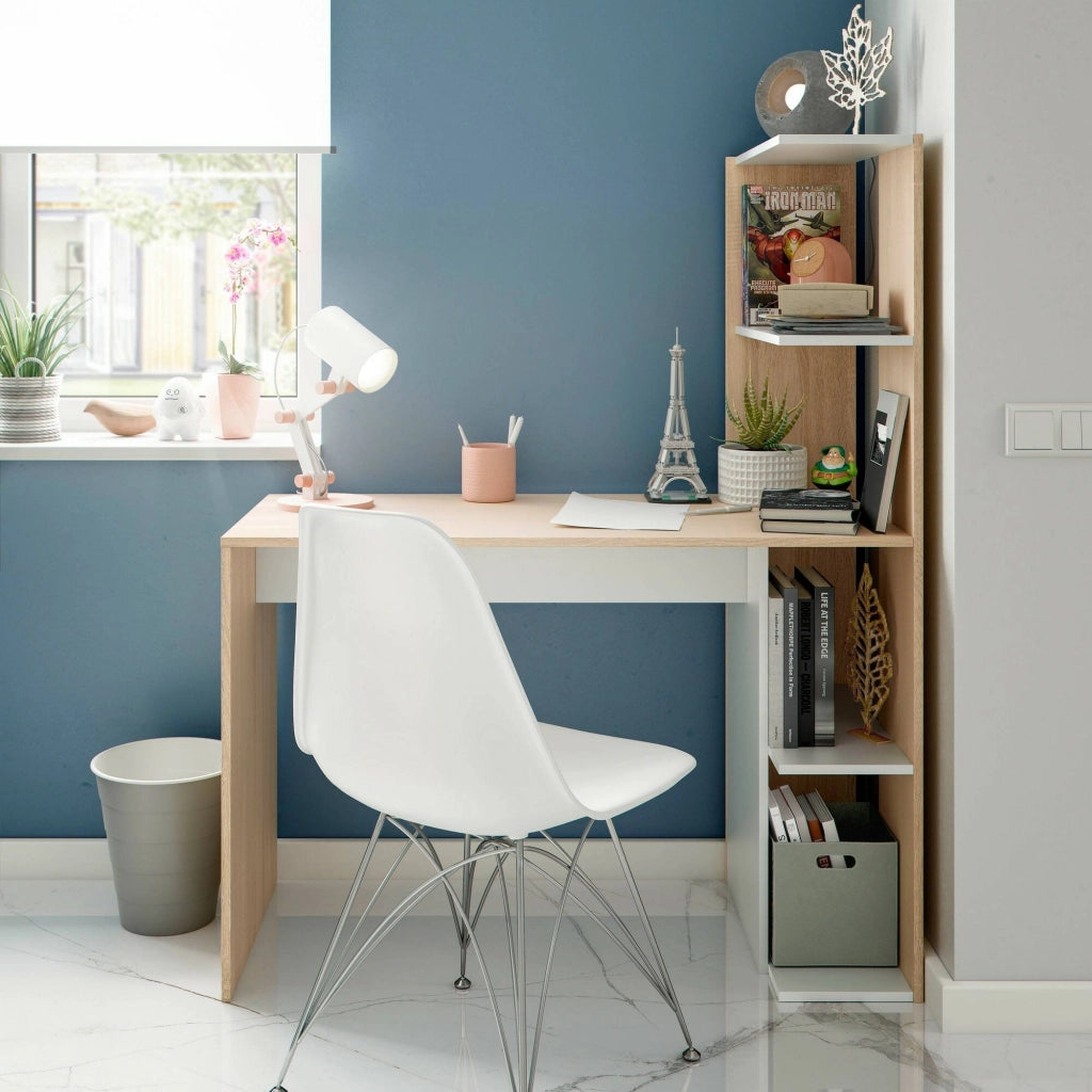 Scrivania Abba, Scrittoio lineare con libreria, Tavolo ufficio multiuso salvaspazio, 110x52h136 cm, Bianco e Rovere