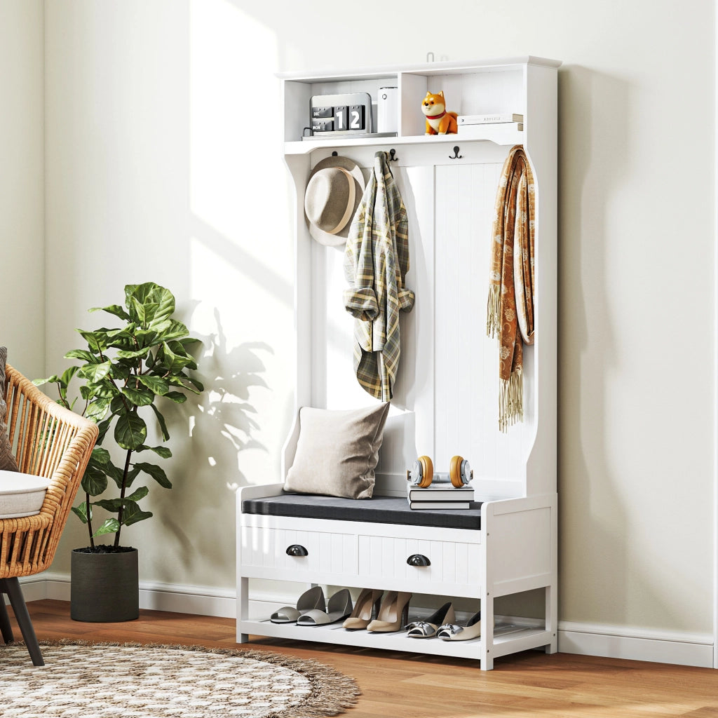 Appendiabiti con Panca Portascarpe ¨C Xylo ¨C Metallo e MDF Bianco e Grigio