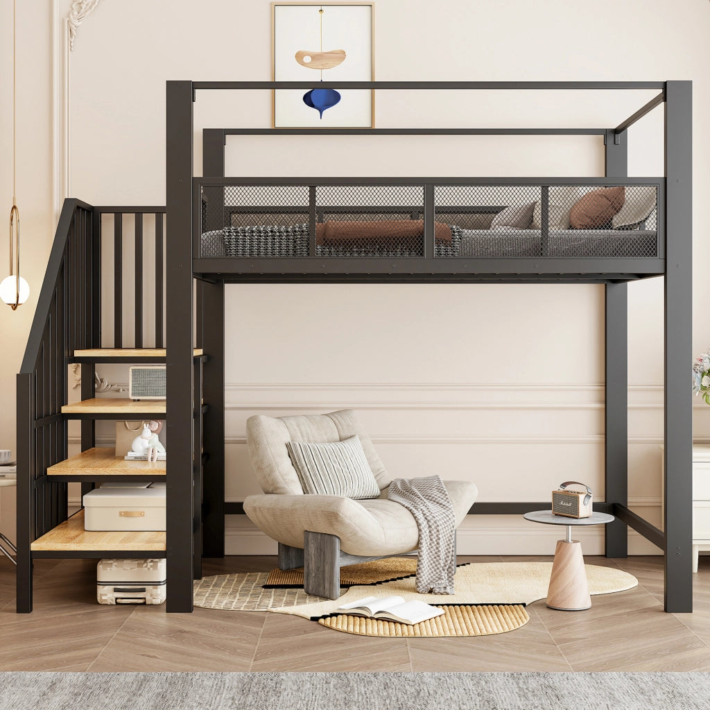 Letto a soppalco 90x200 cm nero in metallo; scala con contenitore e baldacchino