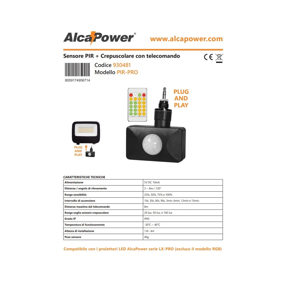 Alca power sensore pir pro + crepuscolare con telecomando
