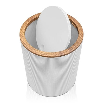 Pattumiera 5lt Bianco coperchio basculante dettagli effetto legno Blob