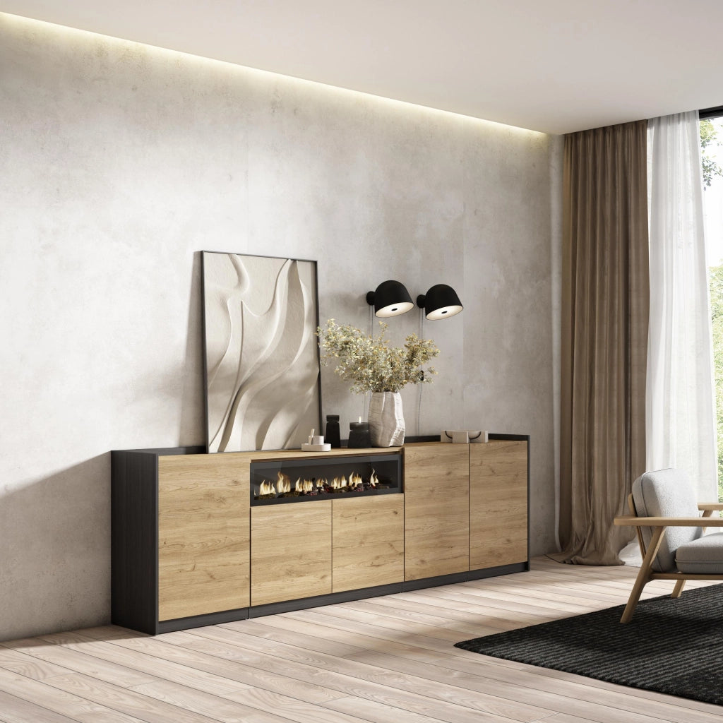 Credenza, Mobile, Cucina, 260x80x37 cm, 5 Porte, Camino elettrico, Rovere e nero