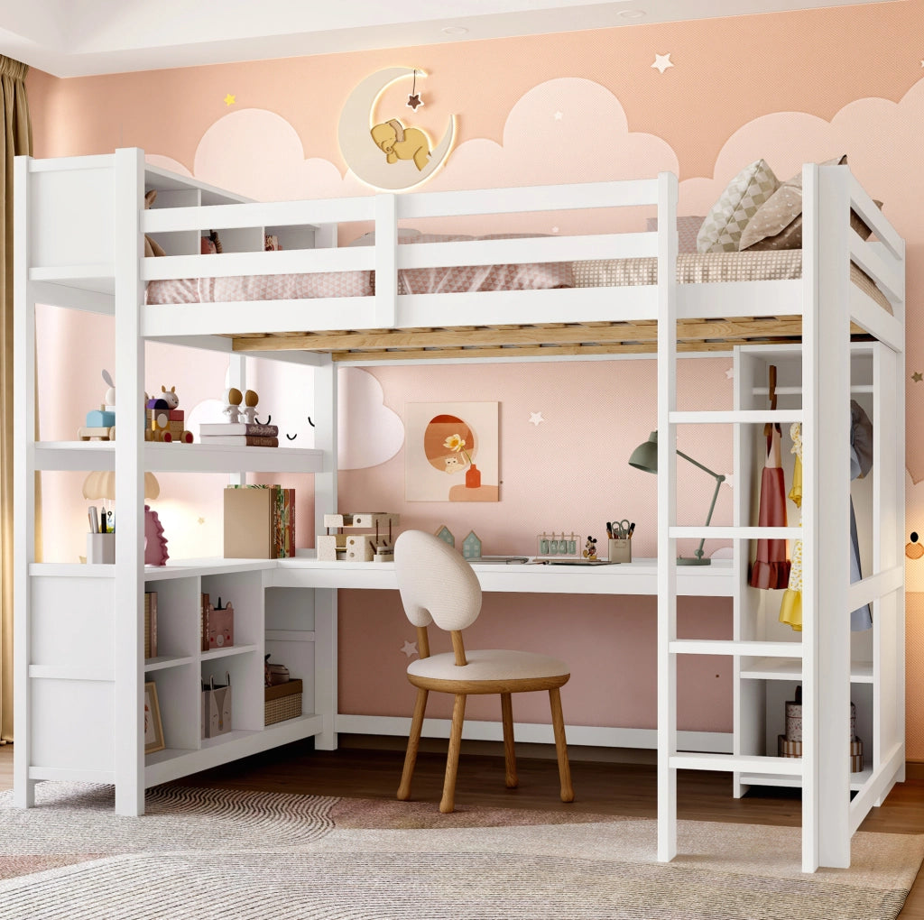 Letto a soppalco 140x200 cm con scrivania; scaffali e armadio; bianco