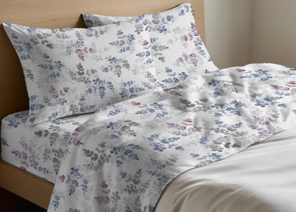 Completo Lenzuola Letto In 100% Cotone Made Italy Disegno Petalo - Singolo - Azzurro