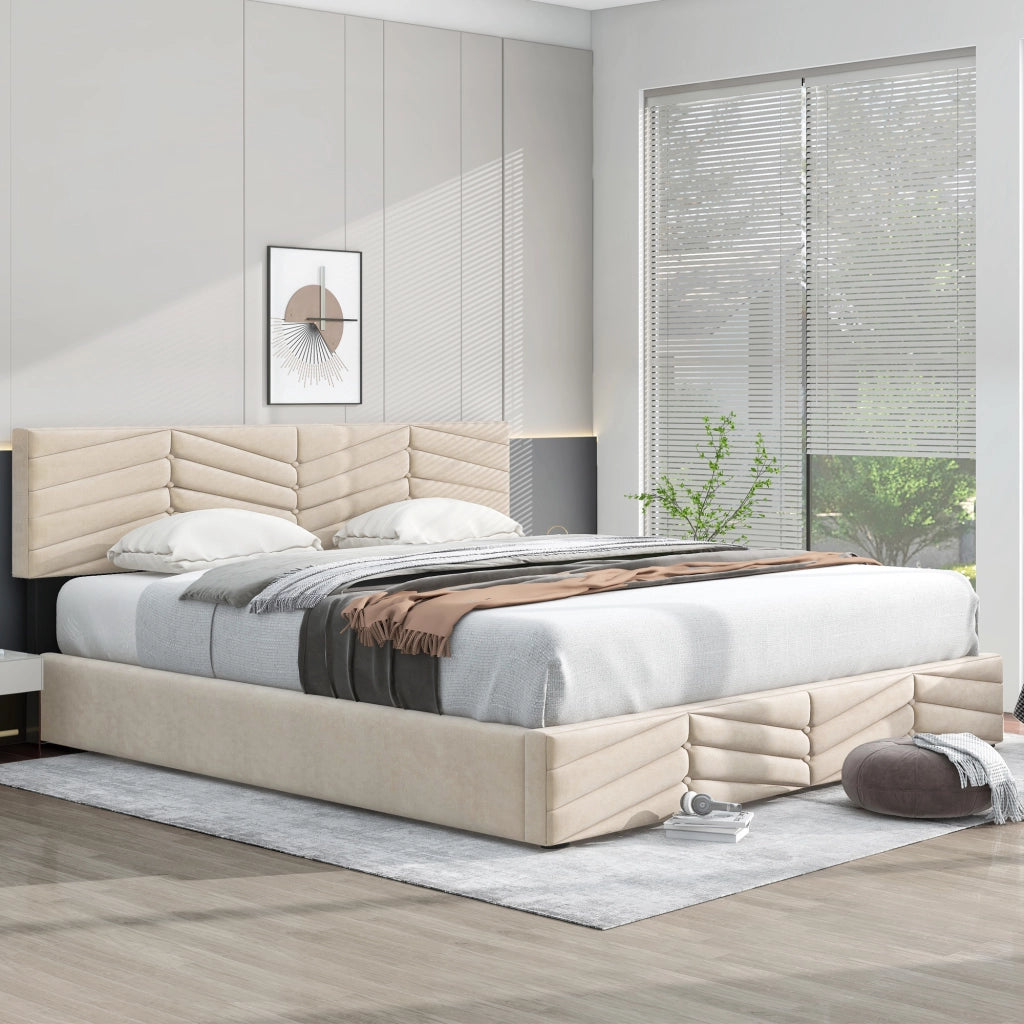 Letto Contenitore Letto Matrimoniale con Testiera Regolabile; 160 × 200 cm; senza Materasso; Velluto; Beige