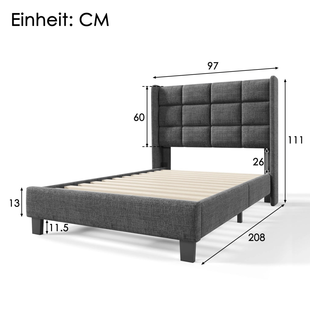 Letto singolo imbottito 90x200 cm in lino grigio con rete e materasso a molle insacchettate