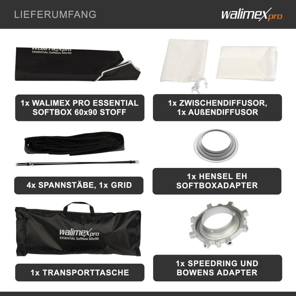 Essential Softbox 60x90cm + adattatore softbox per Hensel Expert, ruotabile a 360°, facile da montare, inclusa griglia, adattatore Bowens e borsa per il trasporto