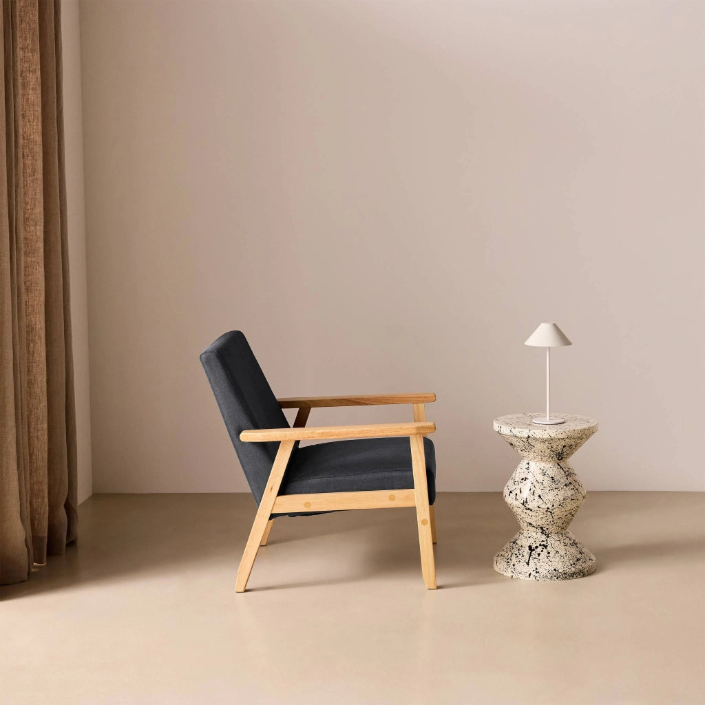 Poltrona scandinava in legno e tessuto, grigio scuro