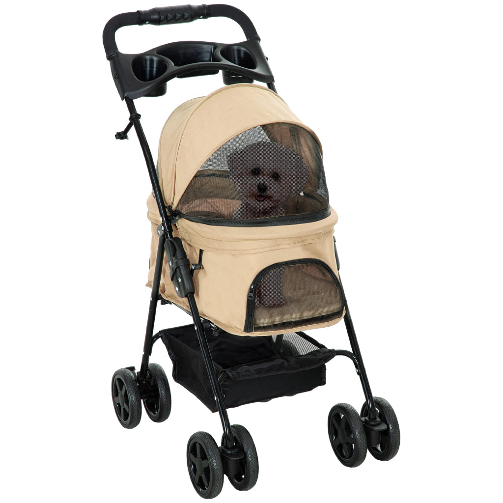 Carrello pieghevole per animali con quattro doppie ruote, freni posteriori e cestello in tessuto oxford khaki